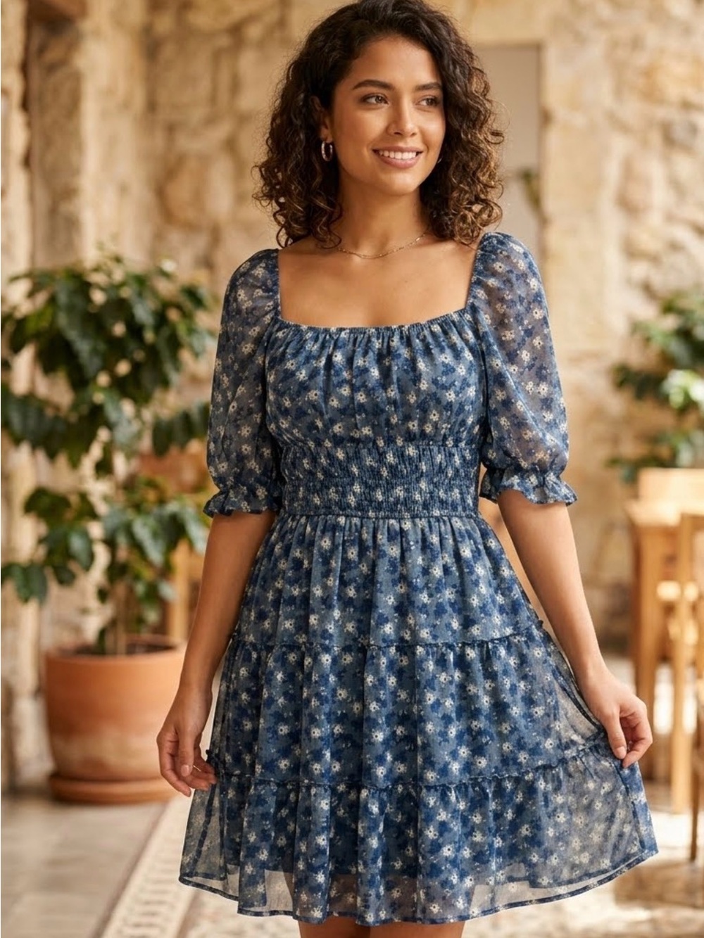 Trixxi Blue Floral Square-Neck Smocked Mini Dress